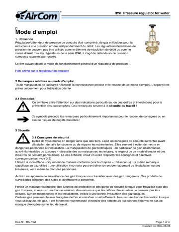 Manuel d'utilisation AirCom RWI-03A - Régulateur de pression d'eau potable | Fixfr