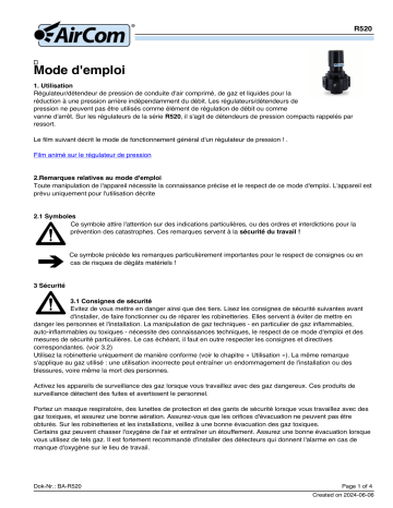 Manuel du Propriétaire AirCom R520-02C - Régulateur/Détendeur de Pression | Fixfr