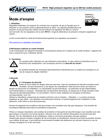 Manuel AirCom RH10-06B: Régulateur Haute Pression | Fixfr
