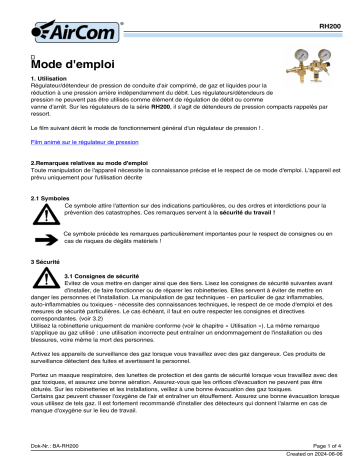 Manuel du propriétaire AirCom RH202-00A - Régulateur de pression pour gaz | Fixfr