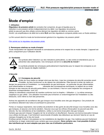 Manuel d'utilisation AirCom RLE-08J2 - Régulateur de pression piloté | Fixfr