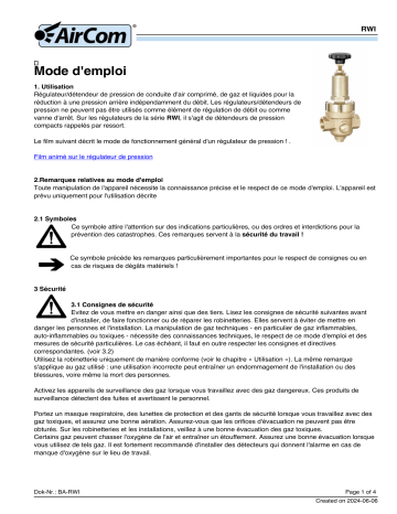 AirCom RWI-06I Manuel d'utilisation - Régulateur de pression pour l'eau | Fixfr