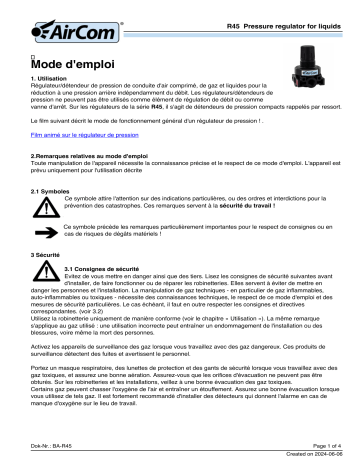 Manuel AirCom R45-02BK - Régulateur de Pression pour l'Air Comprimé et l'Eau | Fixfr
