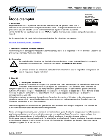 Manuel du propriétaire AirCom RWA-06G - Régulateur de pression pour l'eau | Fixfr