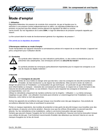 AirCom 239A0220 Manuel du propriétaire - Régulateur de pression en ligne | Fixfr