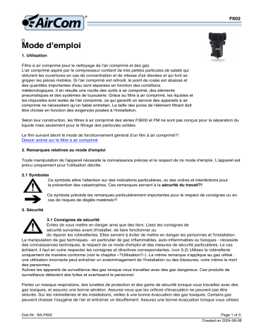 AirCom F602-12WJ Manuel du propriétaire - Filtre à air comprimé haute performance | Fixfr