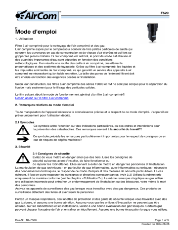 Manuel AirCom F520-06WG - Filtre à air comprimé | Fixfr
