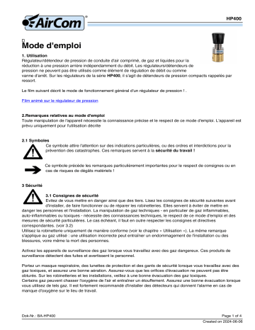 Manuel AirCom HP400-104 - Régulateur de pression haute pression | Fixfr