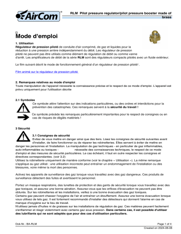 Manuel du Propriétaire AirCom RLM-08J1 - Régulateur de Pression Piloté | Fixfr