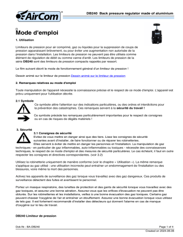 Manuel utilisateur AirCom DB240-020 - Régulateur de pression arrière | Fixfr